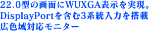 22.0�^�̉�ʂ�WUXGA�\���������BDisplayPort���܂�3�n�����͂𓋍ڂ����L�F��Ή����j�^�[